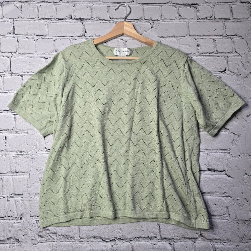 Vintage CD Daniels Cotton Moss Green Pointelle Knit Short Sleeve Top‎ Size 1X